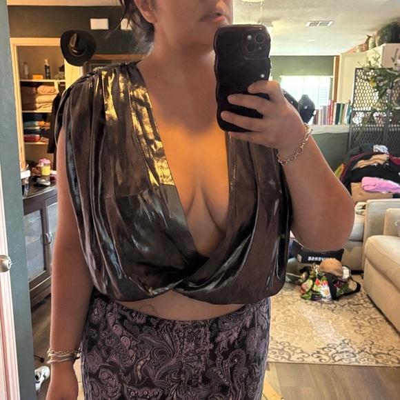 Express Tops - Express Shiny Black Draped Blouse